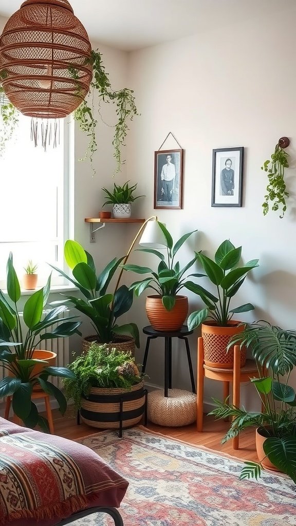 Indoor plant arrangements in a boho bedroom with various plants in colorful pots.