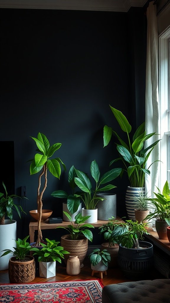 A dark boho living room filled with various indoor plants and decorative pots.