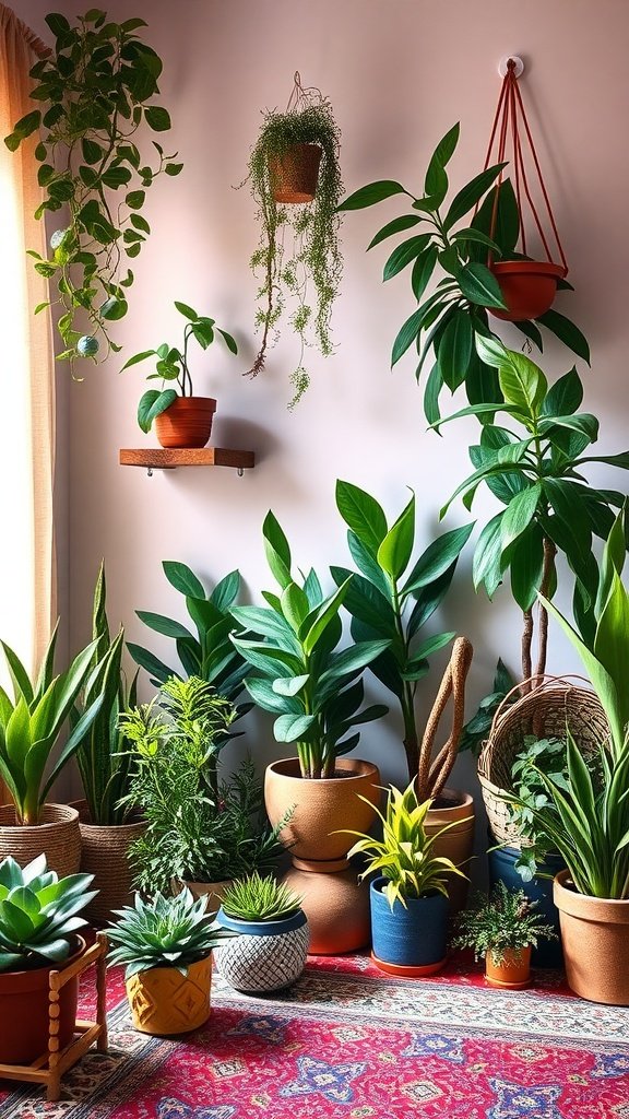 A cozy bedroom corner filled with various indoor plants in decorative pots.
