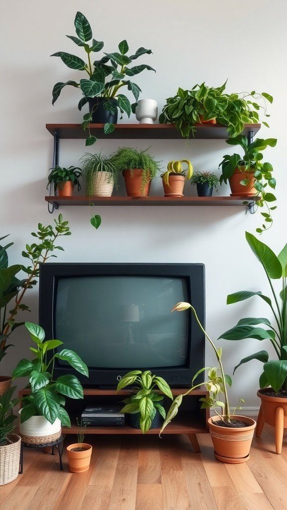 A cozy TV setup surrounded by various indoor plants on shelves and the floor.