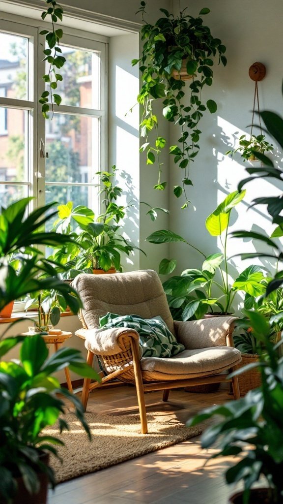 Cozy boho living room with various indoor plants and a comfortable chair