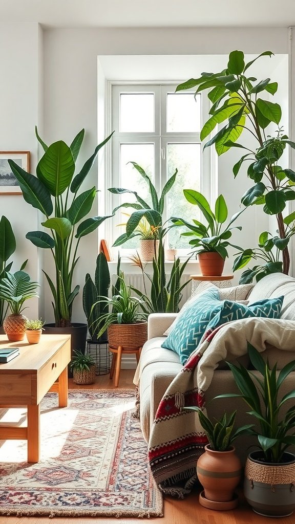 Cozy living room with various indoor plants, a comfortable sofa, and a coffee table.