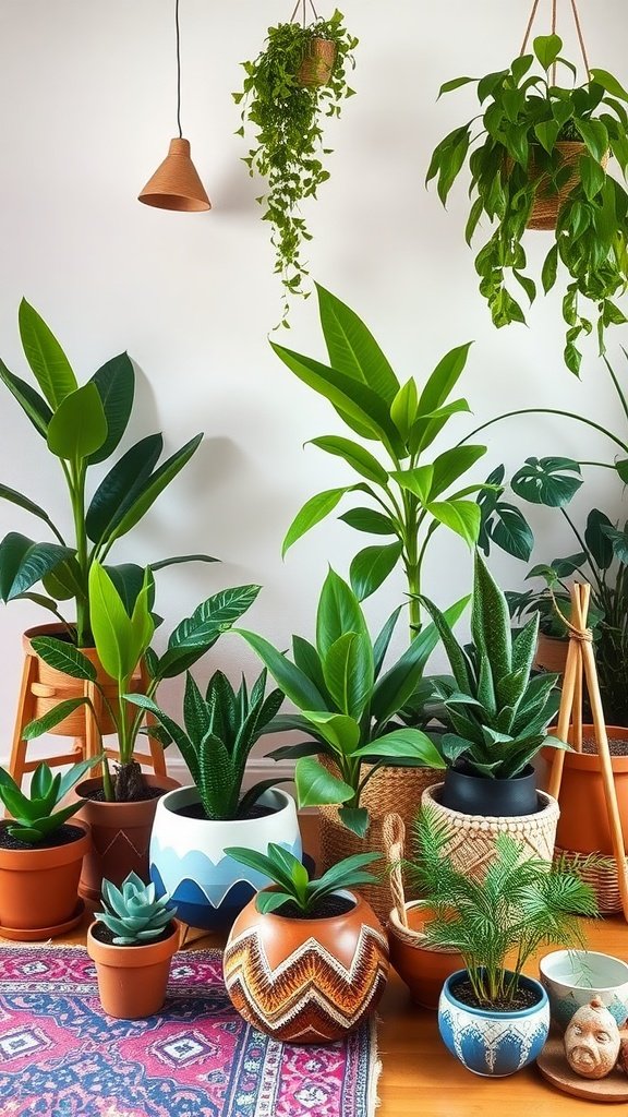 A collection of indoor plants in various pots, showcasing vibrant greenery and decorative planters in a Boho style living room.
