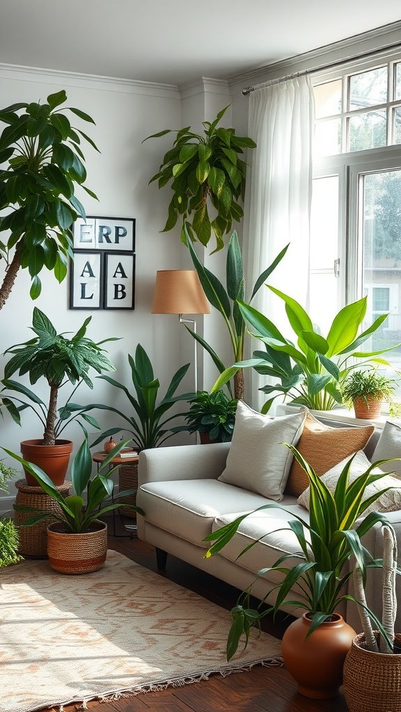A cozy living room filled with various indoor plants, featuring a beige sofa and natural decor.