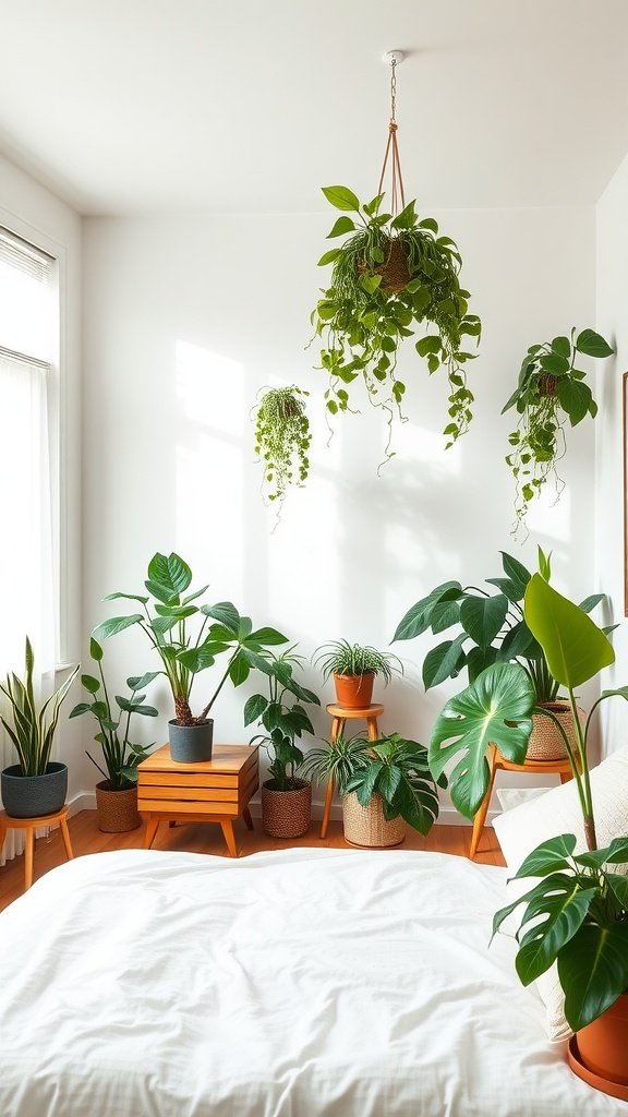A stylish bedroom filled with various indoor plants, featuring hanging and potted greenery, creating a vibrant and refreshing atmosphere.