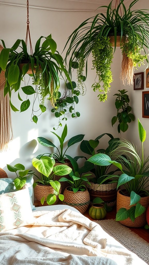 Cozy boho bedroom featuring various indoor plants in woven baskets and hanging planters