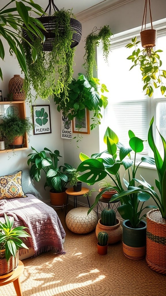 A cozy boho bedroom filled with various indoor plants, showcasing a natural and inviting atmosphere.