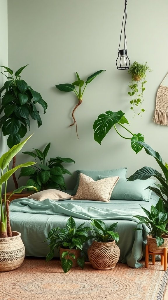 A boho style bedroom featuring sage green bedding and various indoor plants in decorative pots.