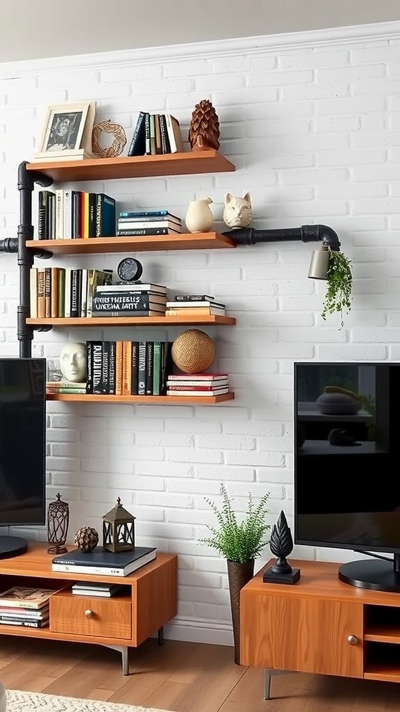 Industrial pipe shelving unit with wooden shelves displaying books and decorative items.