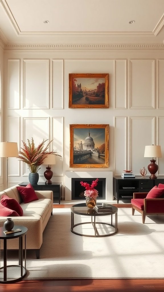 A modern living room featuring ivory walls and rich burgundy accents.