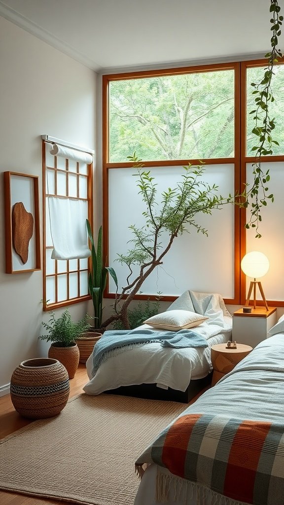 A serene bedroom inspired by Japanese Zen garden decor, featuring natural elements and soft lighting.