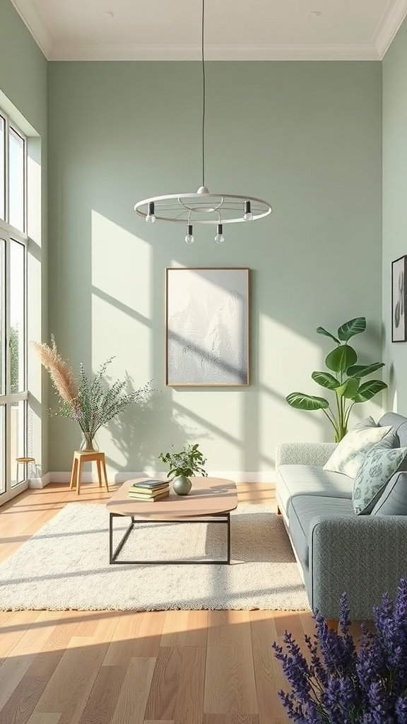 A modern living room featuring sage green walls, a light-colored sofa, and lavender flowers, creating a serene atmosphere.