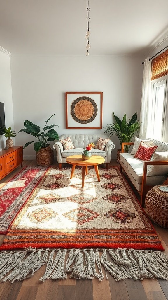 A cozy living room featuring layered area rugs, plants, and comfortable seating.