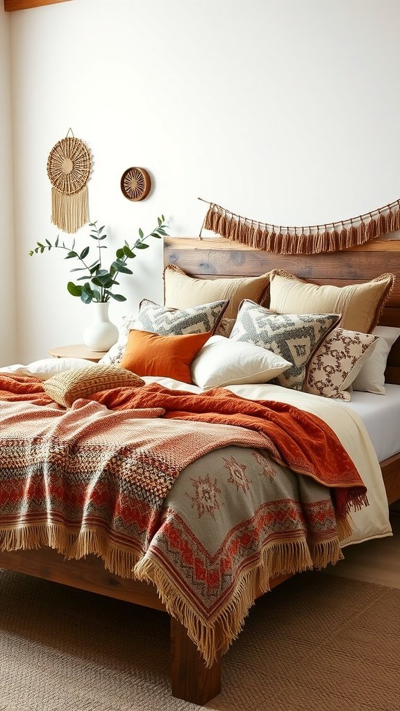 A boho bedroom featuring a layered bed with various textures and colors, including a white duvet, patterned throw, and decorative pillows.