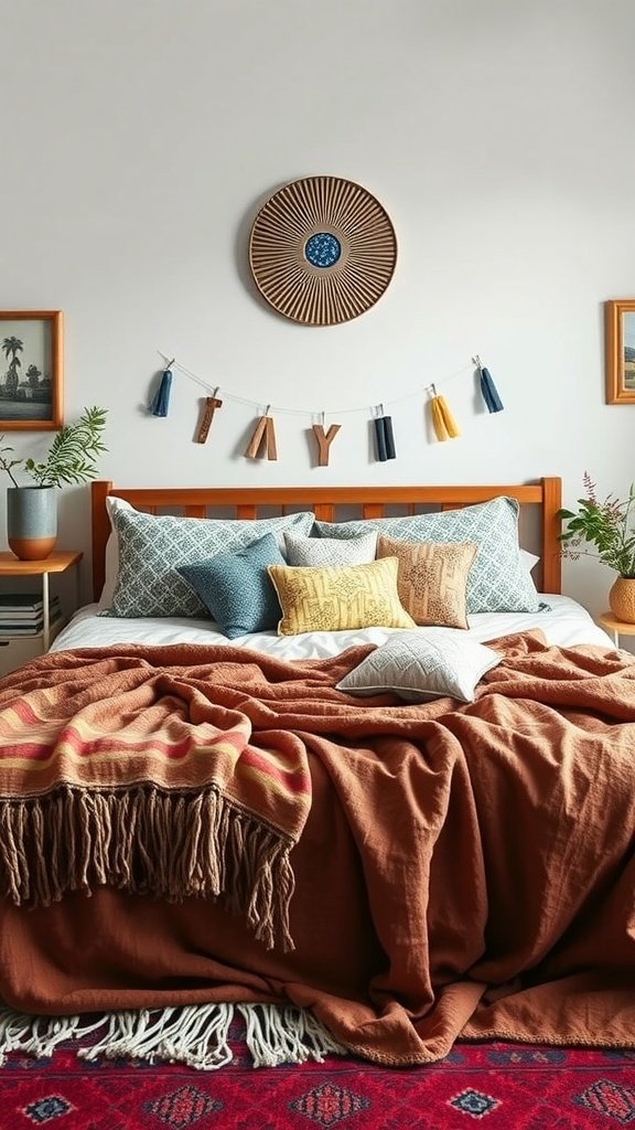 Cozy boho bedroom featuring layered bedding with multiple pillows and warm tones