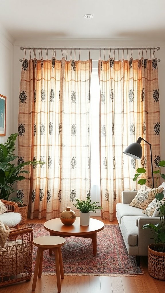 A cozy living room with layered curtains, plants, and a comfortable seating arrangement.