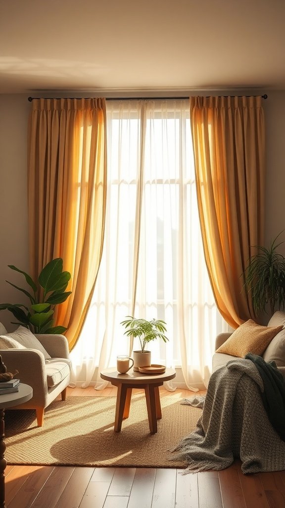 A cozy living room with layered curtains, showcasing a soft and warm atmosphere.