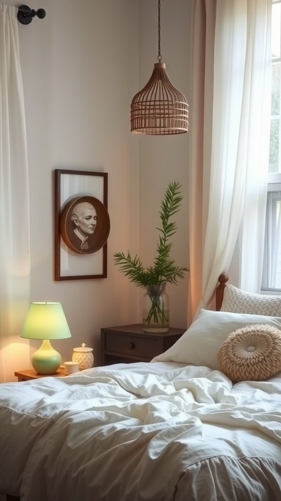 Cozy bohemian bedroom with layered lighting and natural elements
