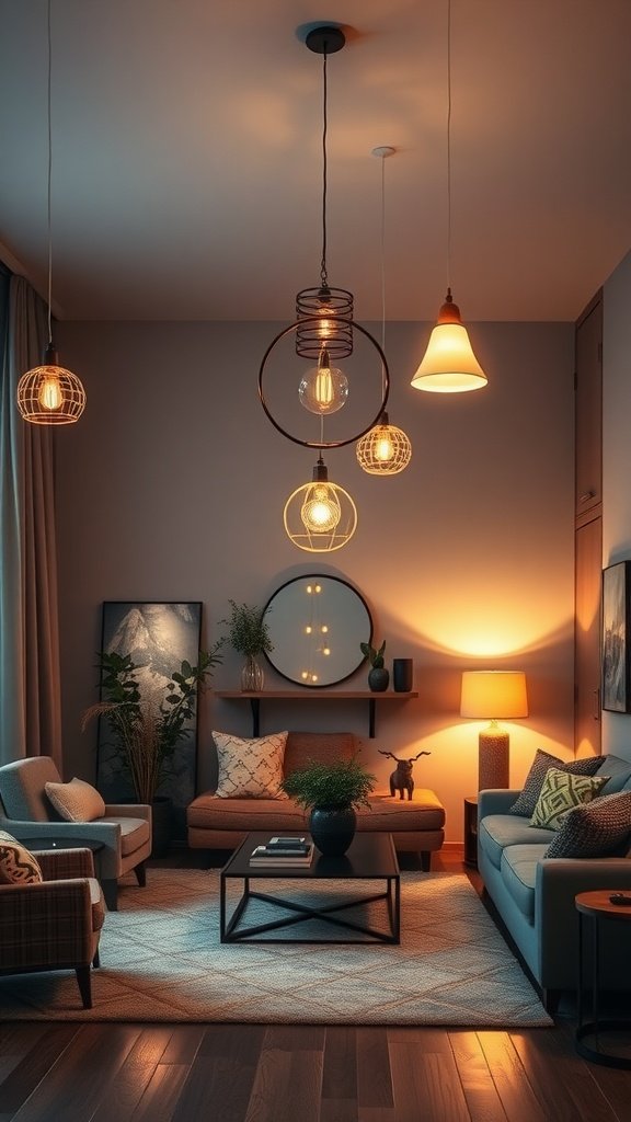 A cozy living room with various layered lighting, featuring pendant lights, table lamps, and a warm atmosphere.