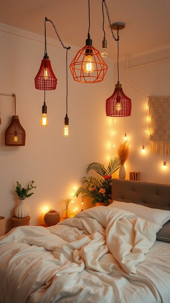 A bohemian bedroom featuring layered lighting with hanging pendant lights and warm fairy lights.