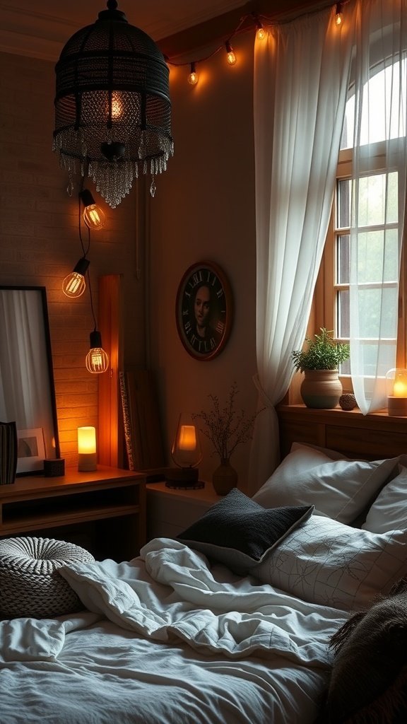 A cozy boho bedroom with layered lighting featuring a pendant light, fairy lights, and candles.