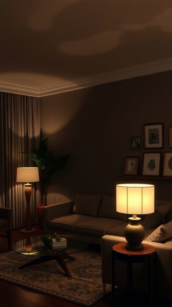 A cozy moody boho living room with layered lighting, featuring floor and table lamps casting soft shadows.