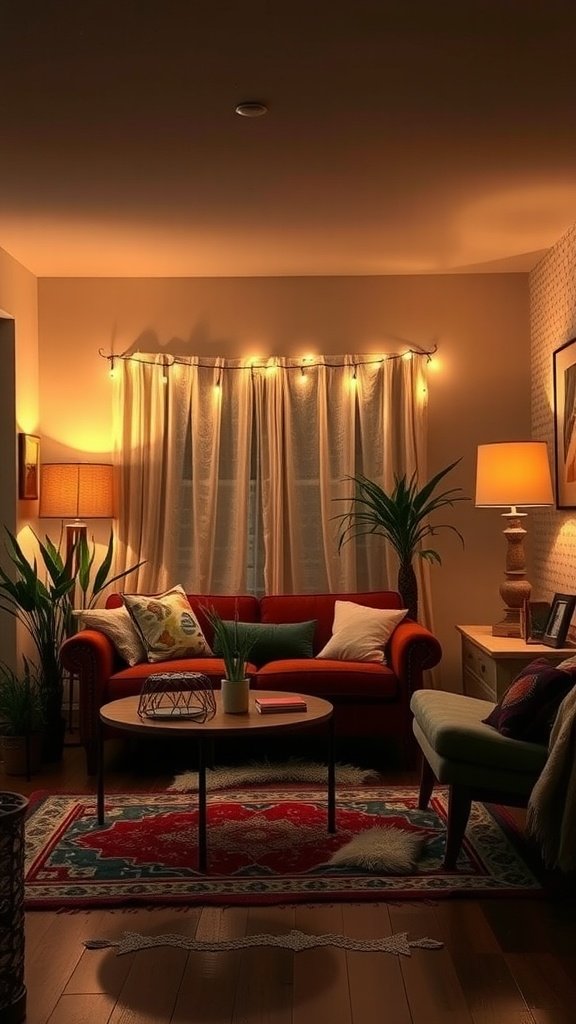 A cozy boho living room featuring layered warm lighting, a red couch, and decorative elements