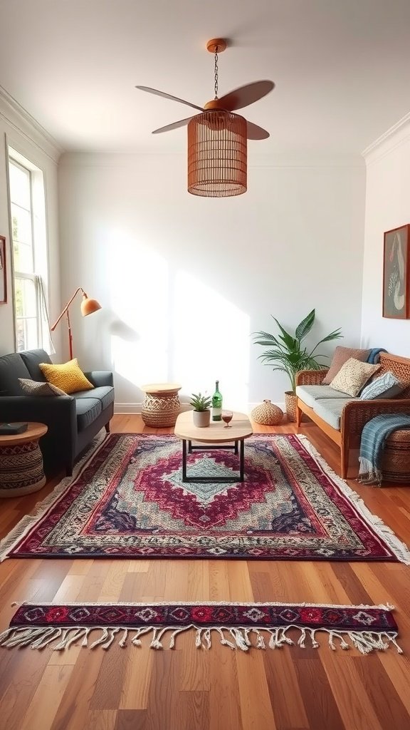 A cozy living room featuring layered rugs with rich patterns and colors