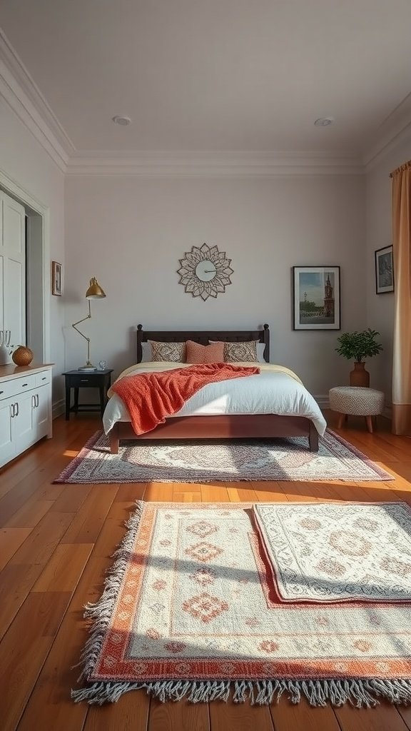 A cozy bedroom featuring layered rugs in warm colors, a comfortable bed with a throw, and modern decor.