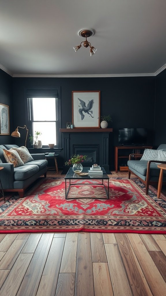 A stylish dark boho living room featuring layered rugs, dark walls, and comfortable furniture.
