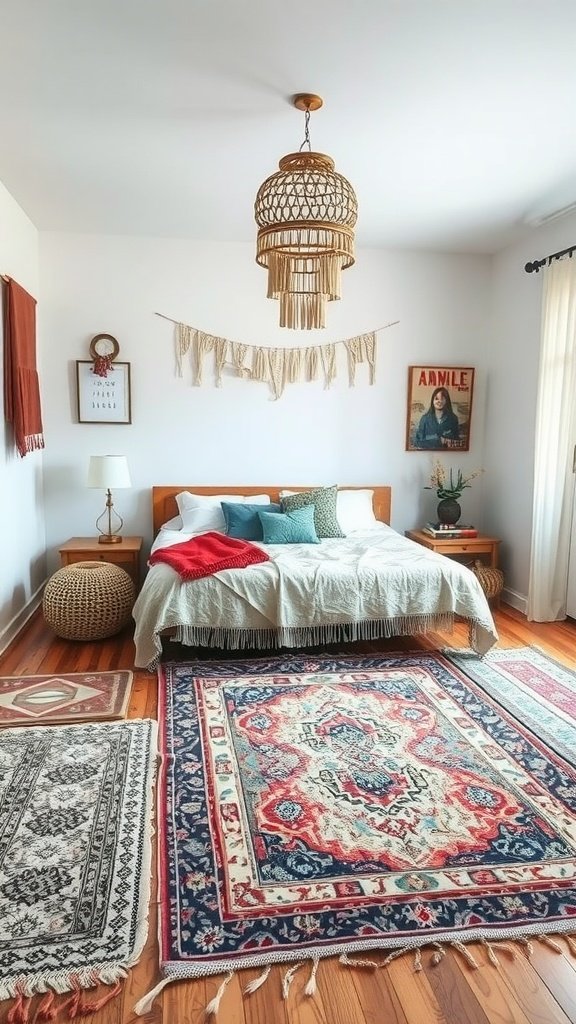 A cozy bedroom with layered rugs, a wooden bed, and boho decor.