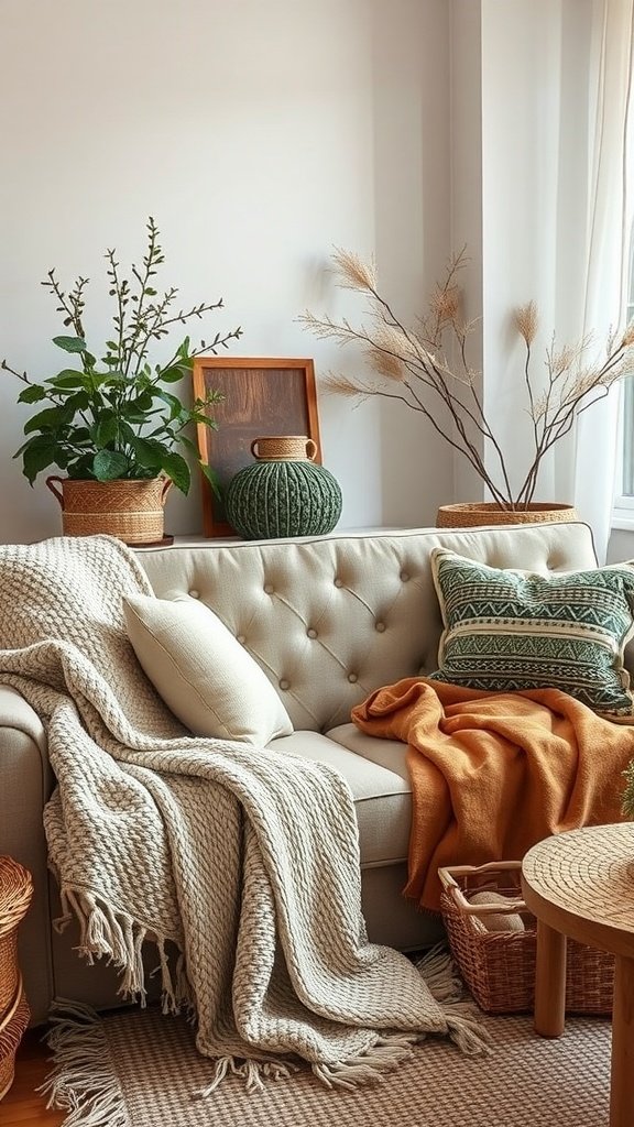 A cozy living room with a light beige couch, layered with blankets and decorative pillows, surrounded by plants and a wooden coffee table.