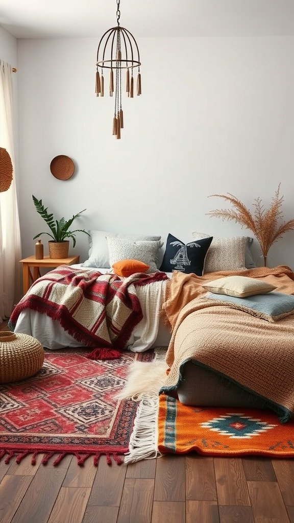 A cozy bedroom with layered textiles, including blankets and rugs, creating a warm atmosphere.