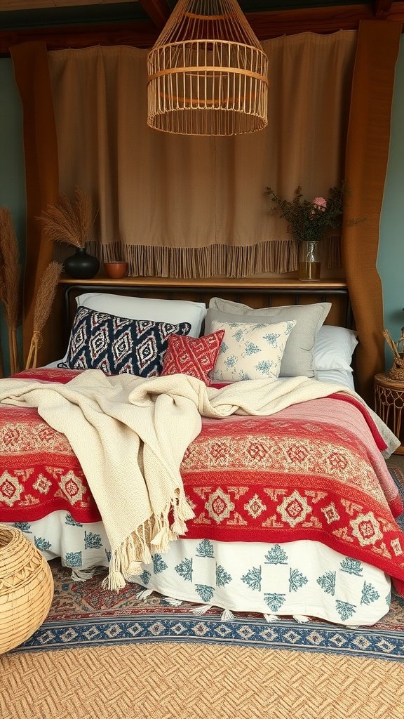 Cozy boho bedroom with layered textiles, colorful throws, and a warm atmosphere.
