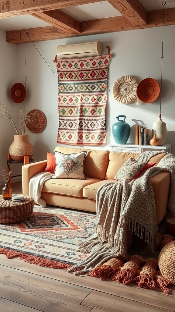A boho living room featuring a cozy couch with layered textures, patterned rugs, and decorative woven items.