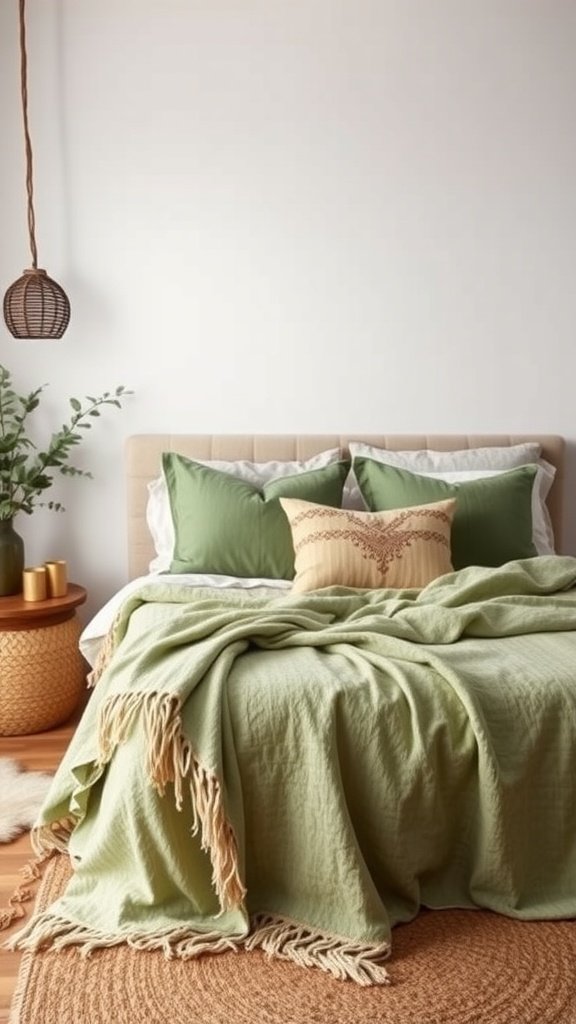 Cozy bedroom with sage green accents and layered textures