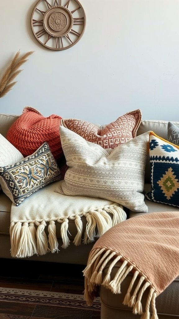 A collection of throw pillows with various textures and patterns arranged on a couch