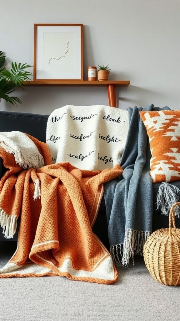 A cozy living room sofa with layered throw blankets in orange, grey, and white, along with decorative pillows and a woven basket.