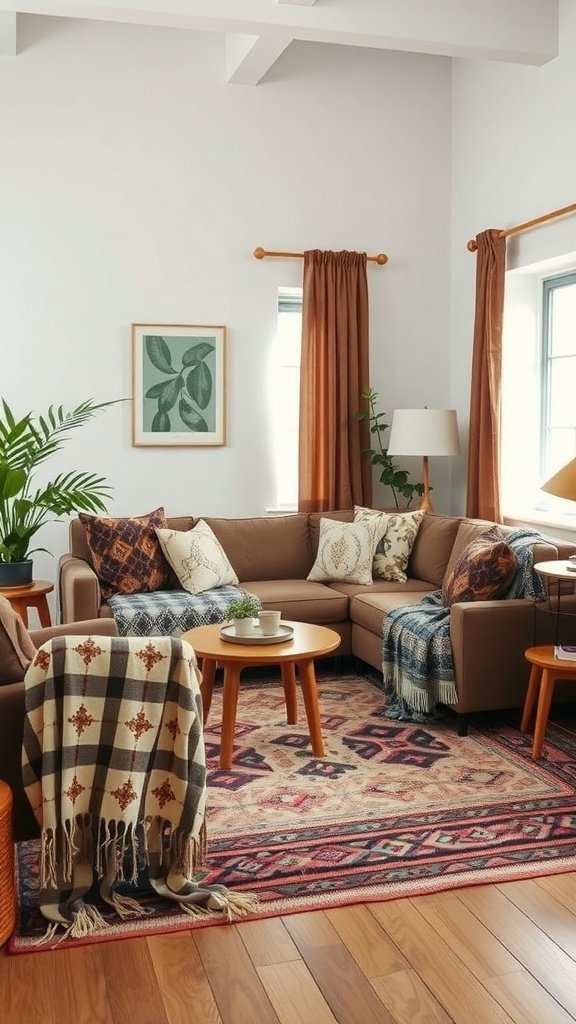 Cozy boho living room with layered fabrics, including patterned pillows, a striped throw, and a decorative rug.