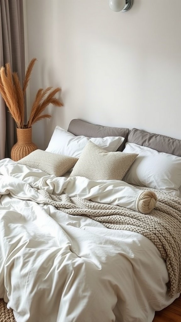 A cozy bedroom with layered soft textiles including white bedding, textured pillows, and a knitted throw, complemented by a vase of dried grasses.