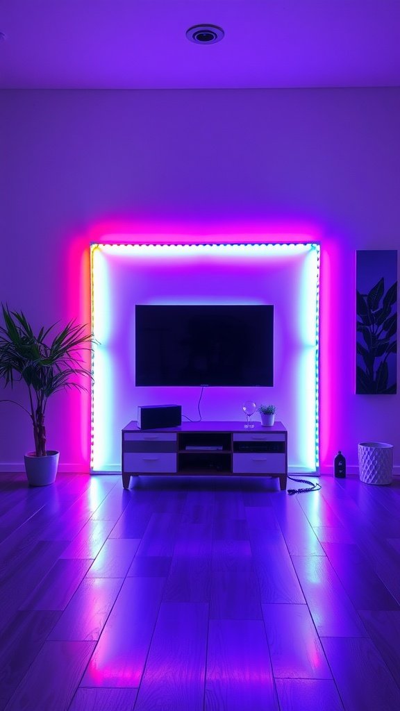 Living room with TV surrounded by colorful LED strip lights
