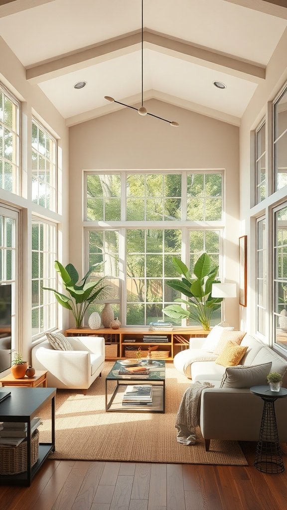 A bright living room with large windows, light furniture, and plants.