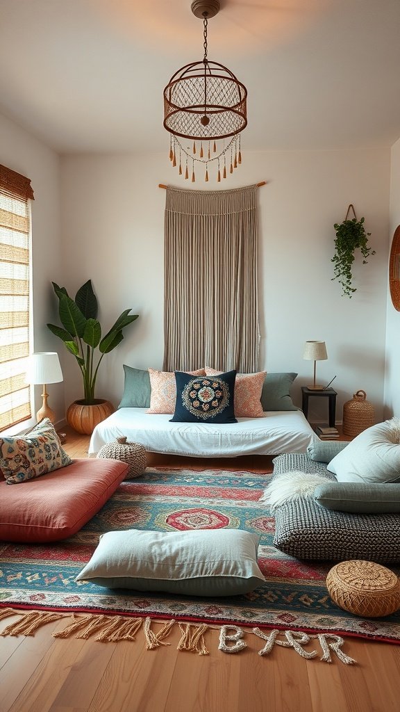 A cozy lounge space featuring cushions, a colorful rug, and plants