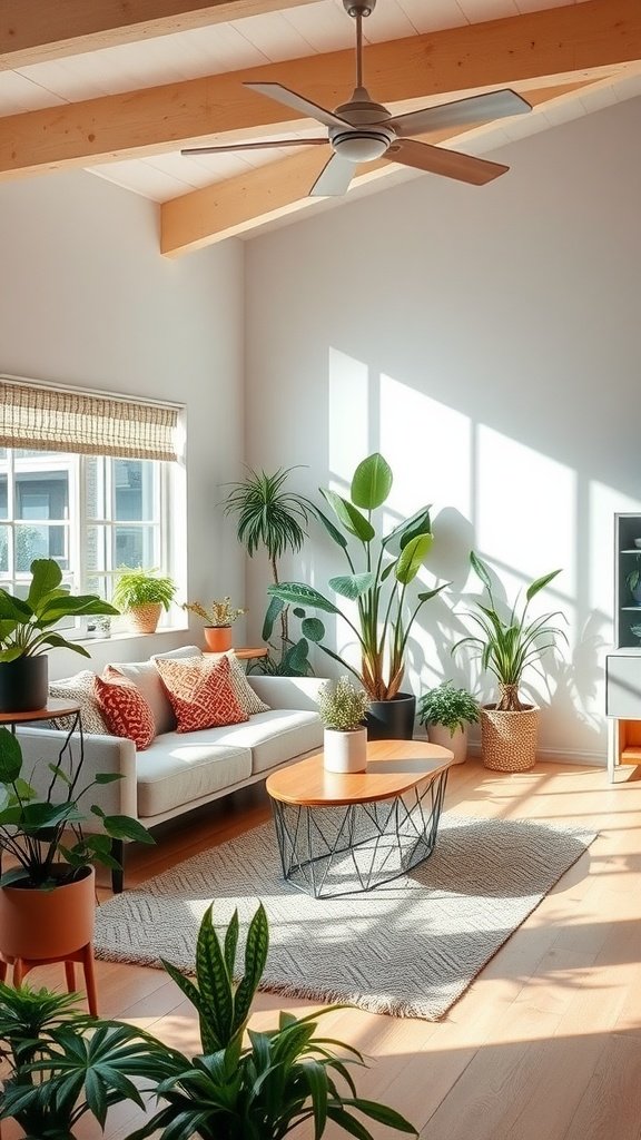 A bright living room with a variety of indoor plants, showcasing a cozy and inviting atmosphere.