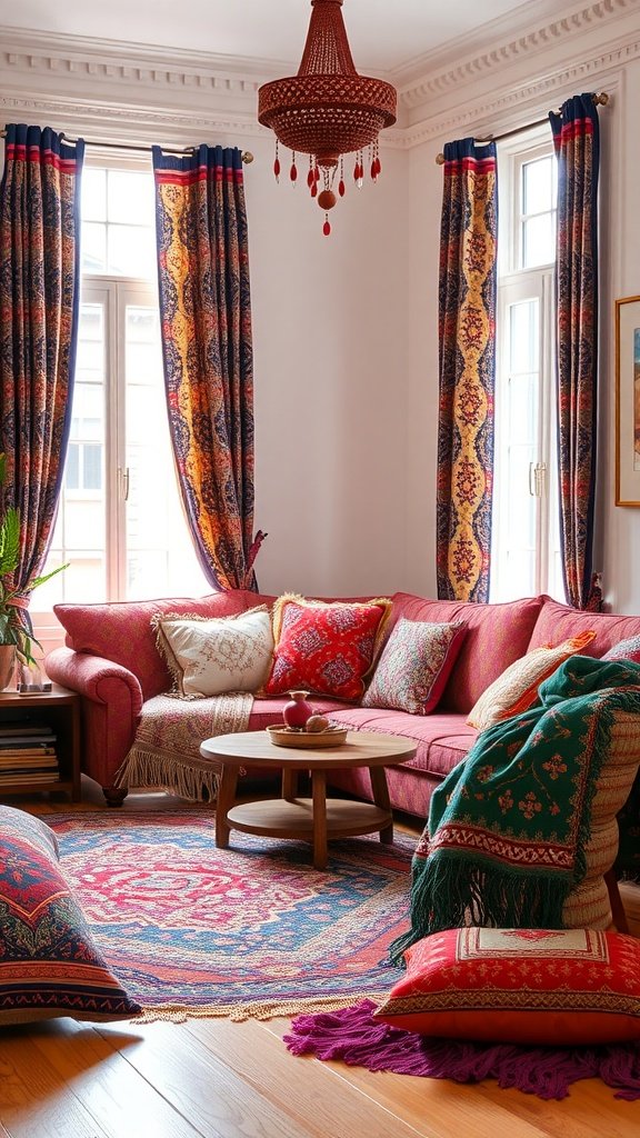 A cozy boho living room with rich colors and varied textiles.