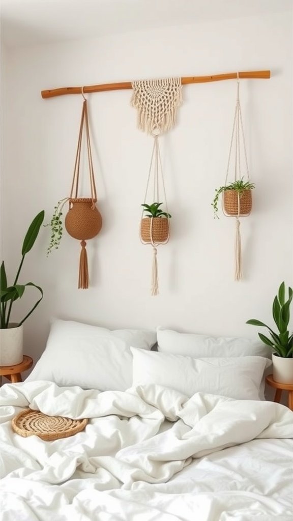 A cozy boho bedroom featuring macramé plant hangers, a wall hanging, and lush bedding.