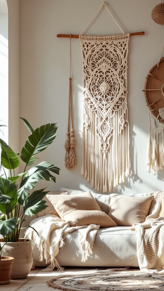 A cozy boho living room featuring a macramé wall hanging, a comfortable sofa with pillows, and indoor plants.