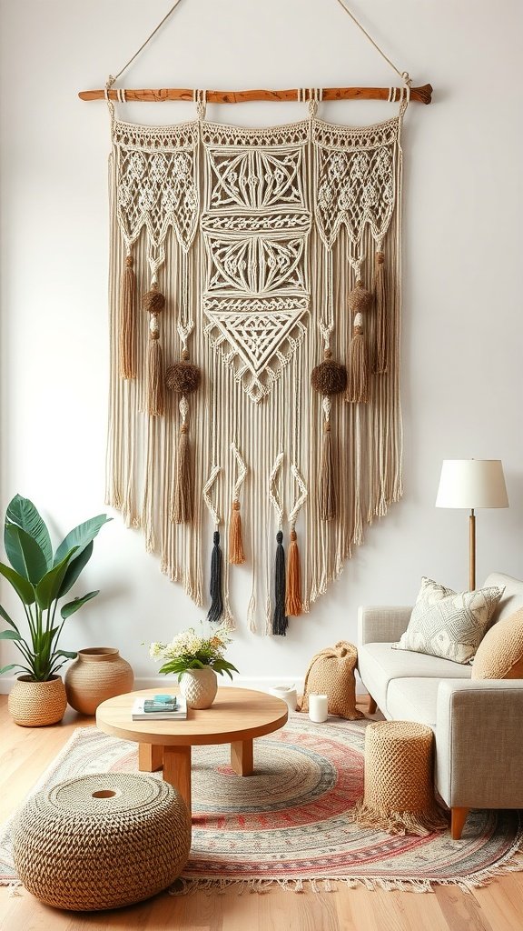 A large macramé wall hanging in a boho living room, surrounded by plants and decorative elements.