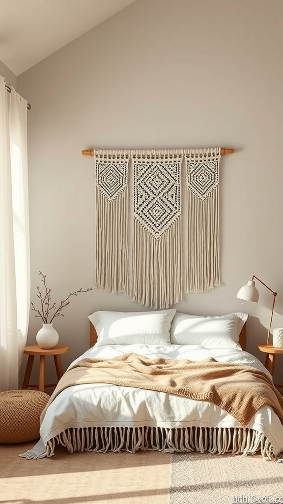 A beautifully designed macramé wall hanging above a neatly made bed in a cozy boho bedroom.