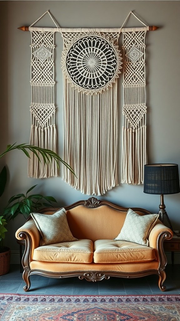 A macrame wall hanging above a stylish vintage couch in a cozy living room.